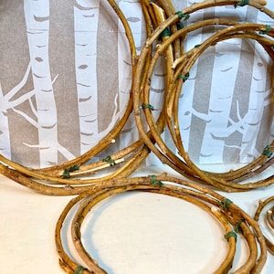 May include: A set of five brown twig wreaths, each tied together with green twine. The wreaths are arranged in a stack, with the largest wreath at the bottom and the smallest wreath at the top.