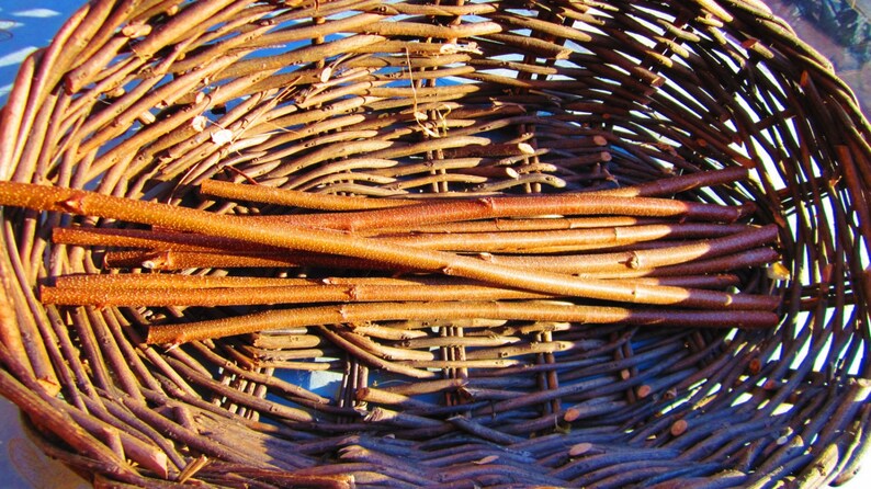May include: A woven wicker basket with a natural brown finish. The basket is filled with long, thin, brown sticks.
