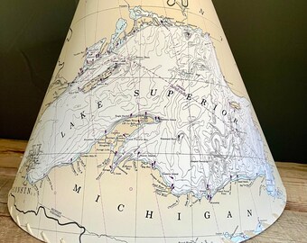 Lake Superior Nautical Chart Lampshade, Hand-Stitched Raffia Trim