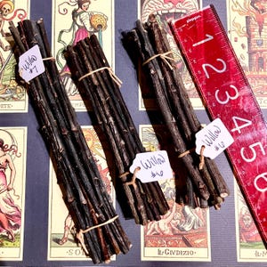 May include: Three bundles of willow branches, each tied with twine. The bundles are labelled "Willow #7", "Willow #6", and "Willow #10". A red ruler is visible in the background.