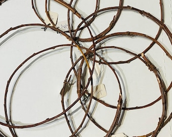May include: Overhead shot of several brown, circular grapevine wreaths. Small white tags with handwritten text are attached to some of the wreaths. The wreaths are arranged on a white surface.