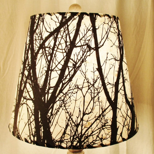 Tree Silhouette Drum Lamp Shade Black And White Silk Screened Tree Silhouette Drum Lamp Shade Black, Forest Shadow Lamp Shade