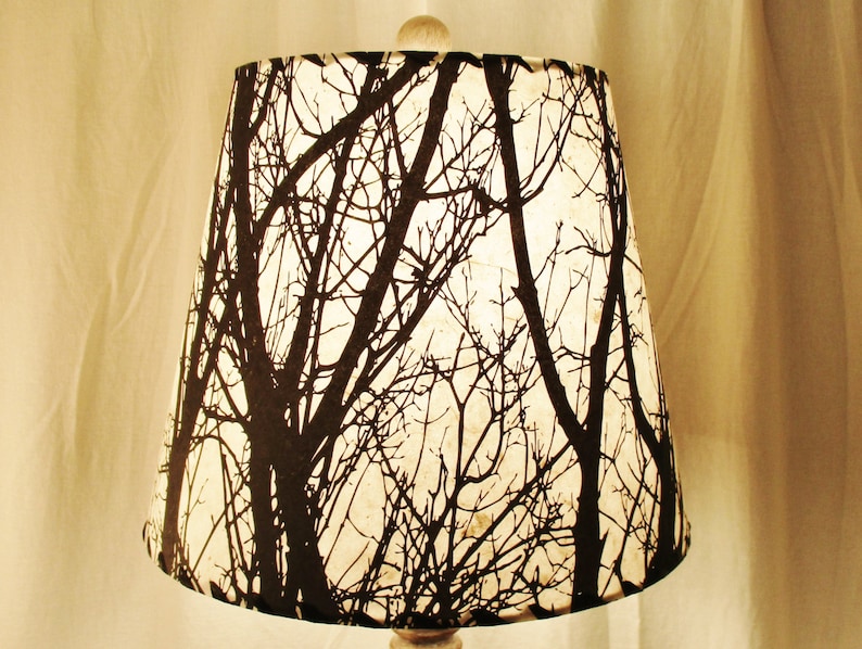 Tree Silhouette Drum Lamp Shade Black And White Silkscreened Lokta Paper Nature Inspired Lampshade Washer Top Rustic Decor