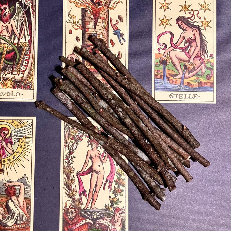 May include: A bundle of approximately 15 brown wooden sticks, likely for use in a divination or ritual practice. The sticks are arranged in a fan shape on a purple surface with tarot cards visible in the background.