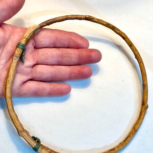 May include: A brown twig hoop with green rubber bands securing the ends. The hoop is about 10 inches in diameter.