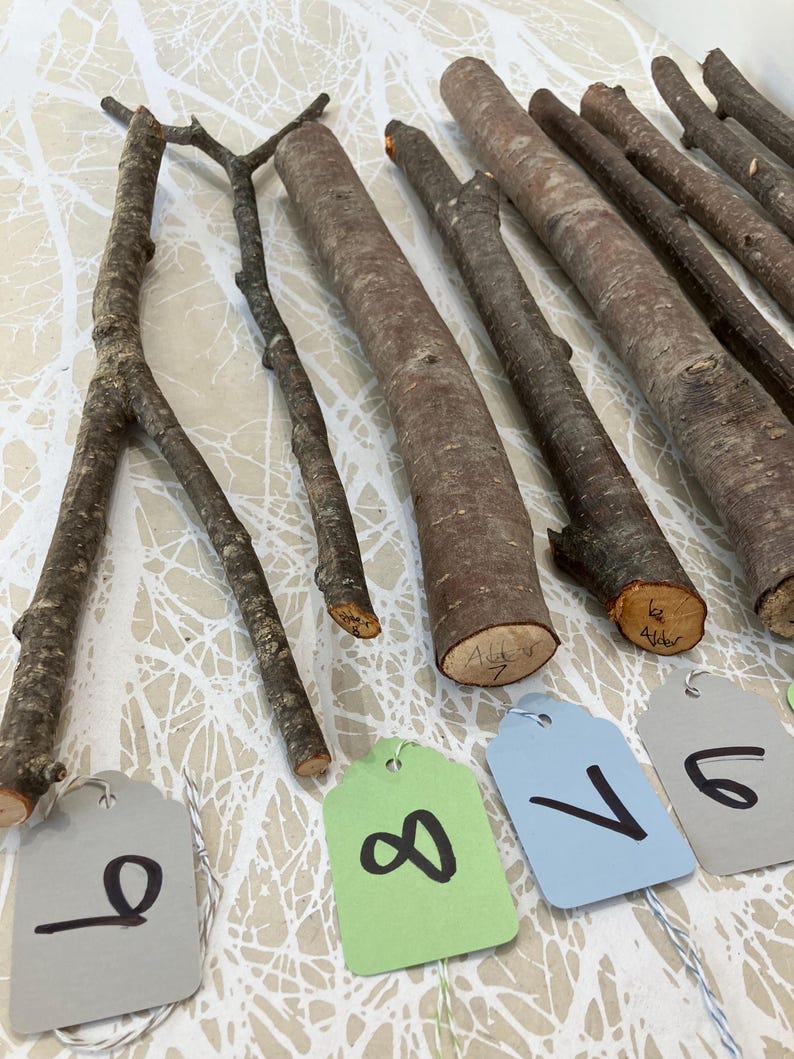 May include: An assortment of natural wooden branches and logs, varying in size and shape, are arranged on a patterned surface. Attached tags with numbers 6, 7, 8, and 9 are visible. The wood tones range from light to dark brown.