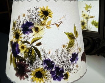 Pressed Flower Lampshade, Purple and Yellow Botanical Lampshade With Butterflies