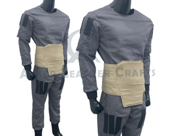 Macacão de voo cinza com faixa abdominal para cosplay, peças macias para fantasias personalizadas e trajes de caçador de recompensas.
