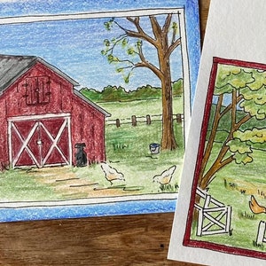 Tarjetas de felicitación para colorear con escenas campestres, graneros y gallinas. Descarga digital. Tarjetas de felicitación imprimibles. Dos diseños diferentes. Tamaño A2.