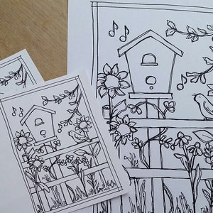Kleurkaarten lentetuin en kleurplaat, digitale download, afdrukbare wenskaarten om in te kleuren, vogelhuisje, zonnebloemen en sialia