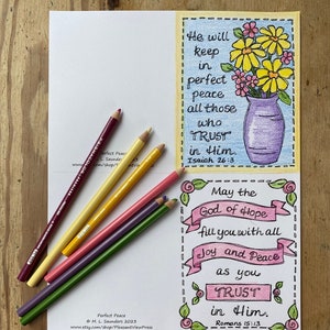 Cartões de felicitações da Escritura da Paz Perfeita para colorir, Isaías 26:3 e Romanos 15:13, download digital, versículos bíblicos para colorir, tamanho A2