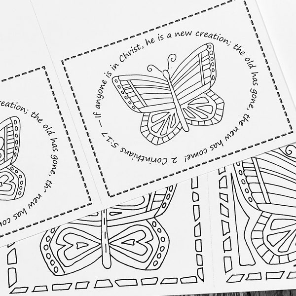 Butterfly Cards to Color, with & without Bible verse, 2 Corinthians 5:17, digital download, instant printable coloring cards