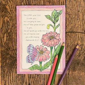 Cartões de felicitações de Sofonias 3:17 para colorir (2 tamanhos) e página para colorir, download digital, escritura para imprimir para colorir, cartões cristãos para colorir
