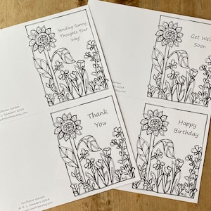 Cartes tournesol à colorier et coloriage avec numéros 6:24 et fleurs à colorier, téléchargement numérique, impression instantanée, cartes pour toutes les occasions