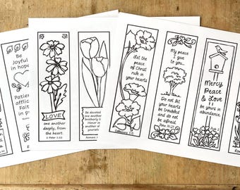 12 afdrukbare christelijke kleurplaten bladwijzers: liefde, vreugde, vrede, geschriften, handgetekende (digitale pdf-download)