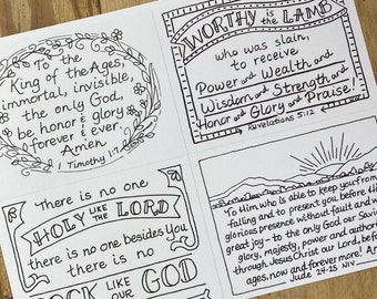 Praise Scripture Coloring Cards, Bible Verse Printable Coloring, Digital Download, Printable cards to color, Bible Journaling, Postcards