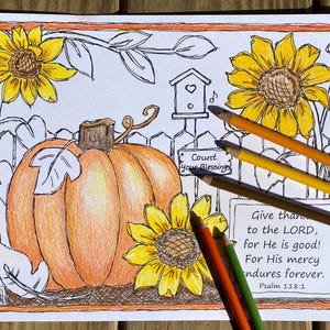 Thanksgiving Coloring Sheet/Placemat with and without scripture to Color, digital download, printable coloring, pumpkin, sunflowers, Psalms
