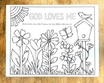 God houdt van mij - Christelijke kleurplaat voor kinderen, met bloemen, vogels en vlinders, PDF-download.
