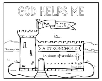 Afdrukbare kleurplaat christelijk kinderkasteel, God helpt mij, digitale pdf-download