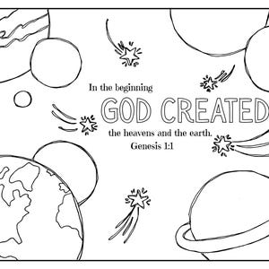 Ausmalbild für Kinder zu Genesis 1,1: Gott schuf Himmel und Erde (PDF-Download)