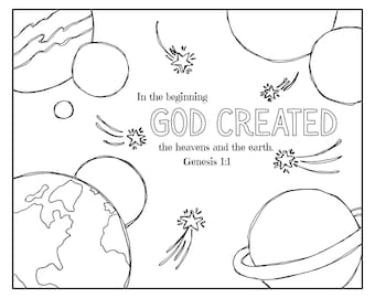 Genesis 1:1 Kleurplaat voor kinderen, God schiep de hemel en de aarde, PDF digitale download