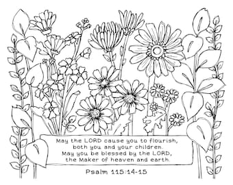 Printbare kleurplaat met zomerbloemen en Bijbeltekst, Psalm 115 (digitale download)