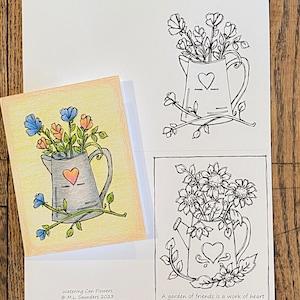 Sonnenblumen Karten und Ausmalseiten, Gießkannen mit Blumen, Karten in 2 Designs, 2 Größen (A2 und A7), digitaler Download, zum Ausmalen und Ausmalen