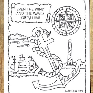 Matthew 8:27 Scripture Coloring Page, Ship, Compass, Lighthouse (Digital Download)