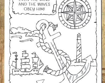 Kleurplaat met Bijbeltekst uit Mattheüs 8:27: Schip, kompas, vuurtoren (digitale download)