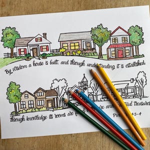 Página para colorir de Provérbios 24:3; Com sabedoria se constrói a casa; download digital; página para colorir cristã