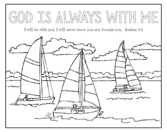 God is altijd met mij - Christelijke kleurplaat voor kinderen, Jozua 1:5, Zeilboten (digitale download)