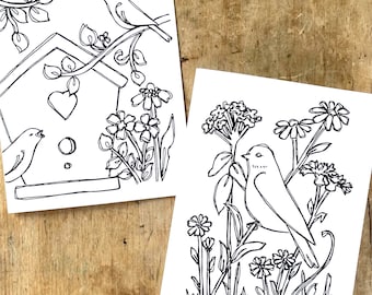 Zangvogels, Vogelhuisje, Bloemen, Printbare kaarten om in te kleuren, A2-kaarten, Ansichtkaarten, PDF-download