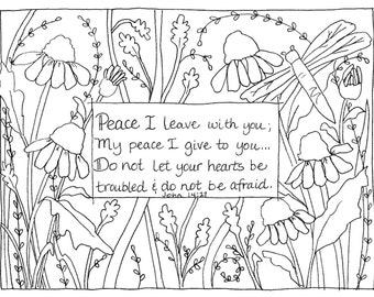 John 14:27 Kleurplaat, libel bloemenkunst, zomerkleurplaat (digitale download)