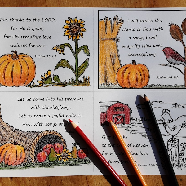 Thanksgiving Scripture Cards to Color, Psalms Coloring Cards, Autumn, Fall Coloring Cards with Bible Verses, Memory verses, digital download