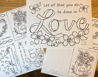 Love Bible Verse Greeting Cards, Coloring Pages, Scripture Cards, Digital Download, Printable Christian cards to color, postcards