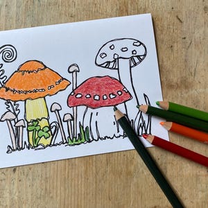 Cartões de felicitações de cogumelos para colorir, 2 designs, desenhados à mão, download digital, impressão instantânea, tamanho de convite, A2, cenas de floresta excêntricas