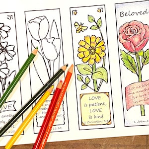 Love Scripture Bookmarks to Color, 2x7 inches, Flowers, Christian Bible Journaling, PDF Digital Download