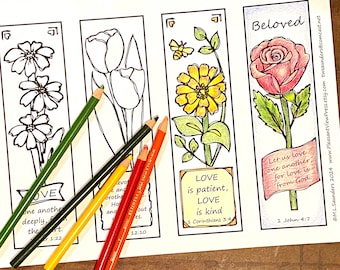 Liefdesbladwijzers in kleur, 2 x 7 inch, bloemen, christelijke bijbeljournaling, digitale pdf-download