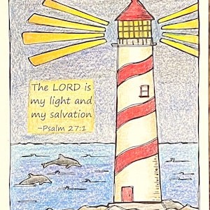 Lighthouse, Psalm 27:1 Bible Verse Coloring - Greeting cards, Coloring page and Bookmarks, digital download