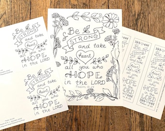 Psalm 31:24 Bijbelvers wenskaarten om in te kleuren, bladwijzers, kleurplaat, digitale download