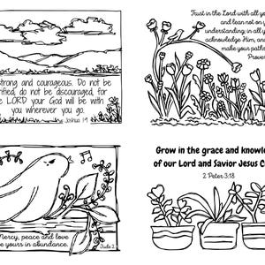 May include: Black and white line art illustrations with inspirational quotes. One depicts a landscape with text from Joshua 1:9. Another shows flowers and text from Proverbs 3:5-6. A bird illustration with Jude 2. The last shows potted plants and text from 2 Peter 3:18.