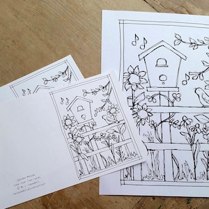 Spring Garden Coloring Cards and Coloring Page: Birdhouse & Sunflowers (Digital Download)
