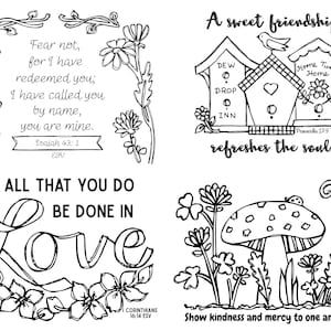 Op de afbeelding: Zwart-wit lijntekeningen met inspirerende citaten en bloemaccenten. De afbeeldingen bevatten teksten uit Jesaja 43:1, Spreuken 27:9, 1 Korintiërs 16:14 en Zacharia 7:9. De illustraties tonen vogelhuisjes, bloemen en een paddenstoel.