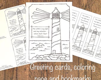 Vuurtoren, Psalm 27:1 Bijbelvers om in te kleuren - Wenskaarten, kleurplaat en bladwijzers, digitale download