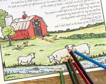Kleurplaten Psalm 23, Boerderijtafereel, ESV, KJV, De Heer is mijn Herder (Digitale download)