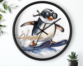 Penguin Snow Skiing Wall Clock |  Personalized Christmas Gift Idea