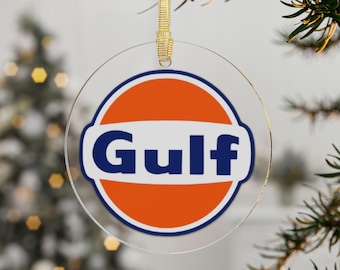 Acrylic Ornaments, Retro Gulf Oil Racing Logo, Vintage Christmas Tree Decoration, Car Enthusiast Gift, Holiday Ornament, Racing Fan Decor,