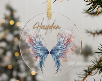 Personalized Angel Wing Ornament, Clear Acrylic Christmas Decor