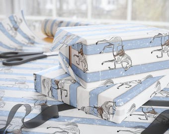 Equestrian Gift Wrap: Blue and White Striped Horse Wrapping Paper