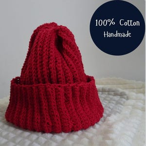 Hand-knitted Red cotton beanie, handmade beanies, adult beanies, gift for him, gift for her, knitted hats